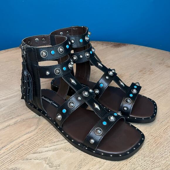 New! River Island Studded Leather Gladiator Faux Turquoise Silver Sandals Size 7 - Picture 1 of 11